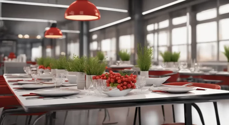 Mesa de restaurante moderna em 2025 com robô garçom, pratos de porcelana, talheres de aço inoxidável e plantas verdes em vasos de cerâmica.